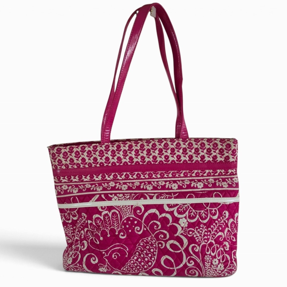 Vera Bradley Twirly Birds Pink Retired Quilted Tote Patent Trim Zip Shoulder Bag